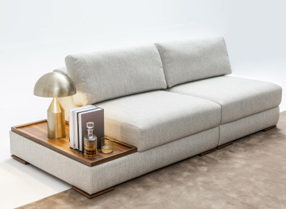 Slim, modern 2-seater soft sofa with integrated wooden table and wide seat